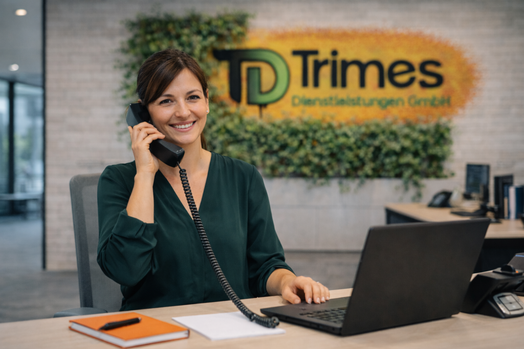 Mitarbeiterin telefoniert am Empfang vor Trimes Logo.