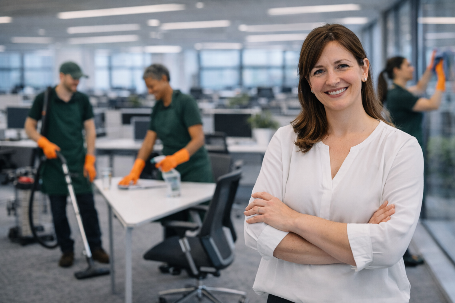 Büroreinigung mit Mitarbeitenden im Hintergrund