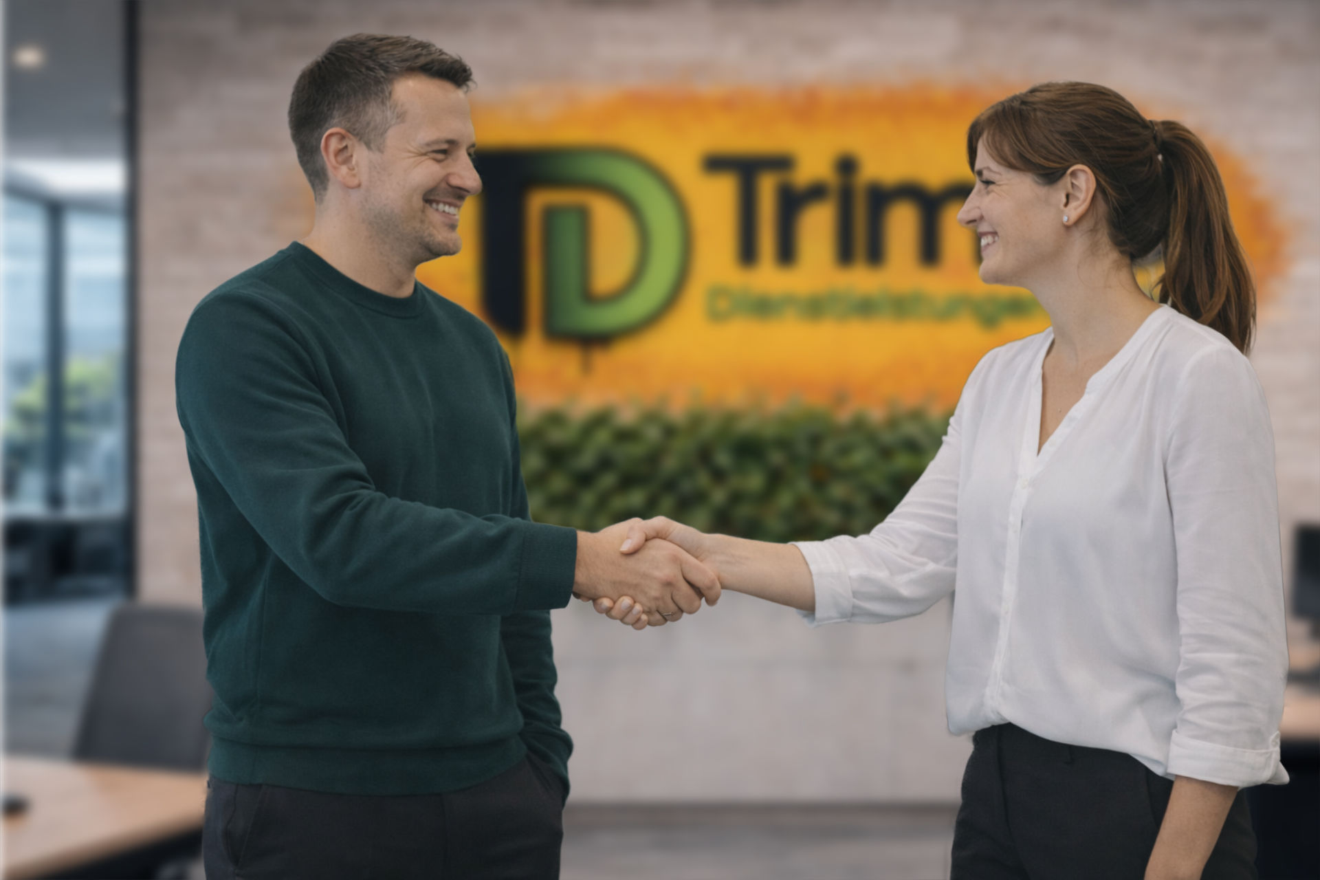 Geschäftspartner begrüßen sich mit Handschlag vor Trimes Logo