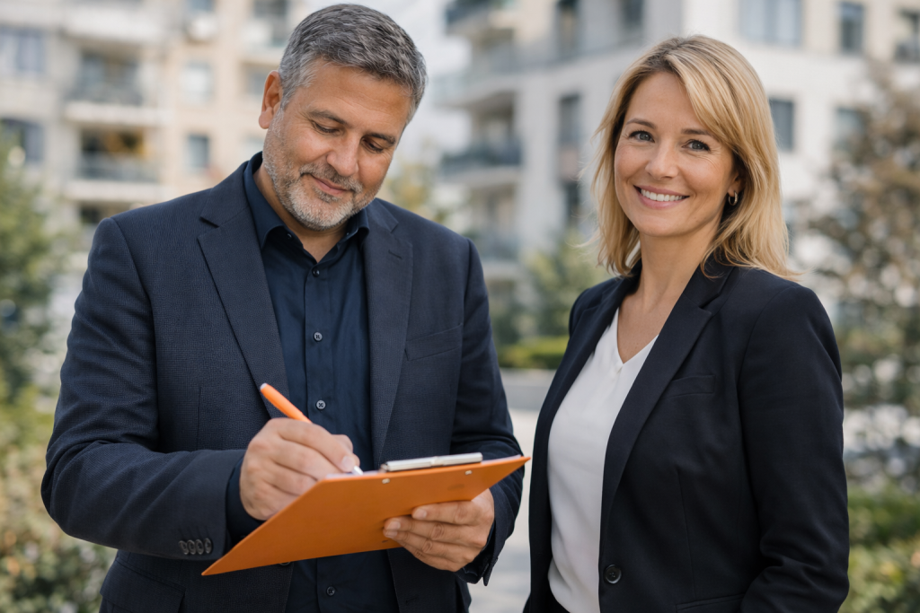 Zwei Immobilienverwalter bei der Begutachtung einer Immobilie.