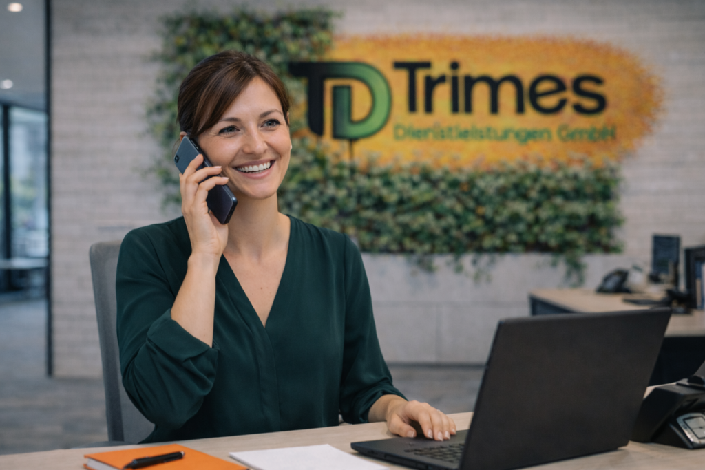 Mitarbeiterin telefoniert am Empfang vor Trimes Logo.