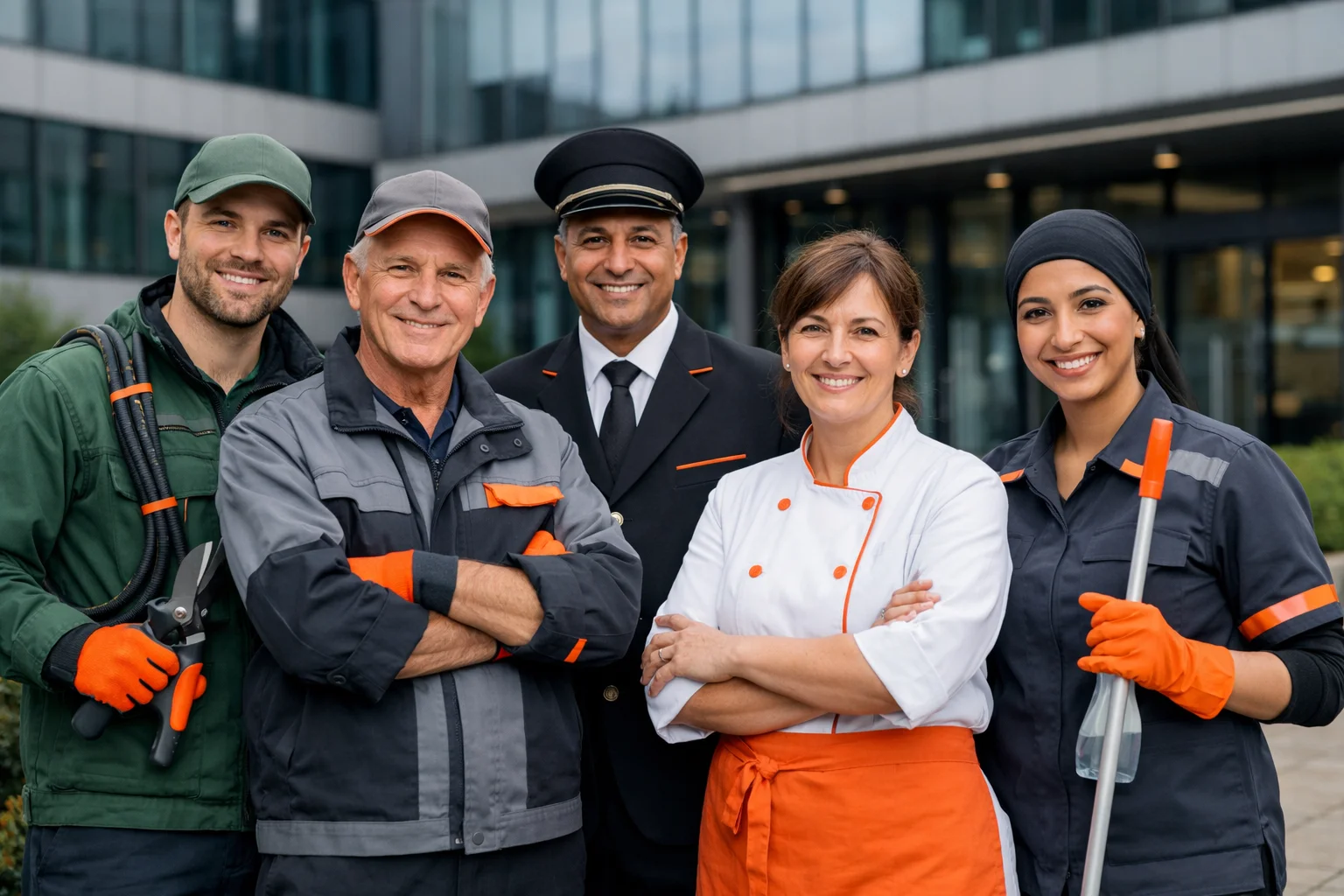 Mitarbeiterteam von Trimes vor einem großen Bürogebäude.