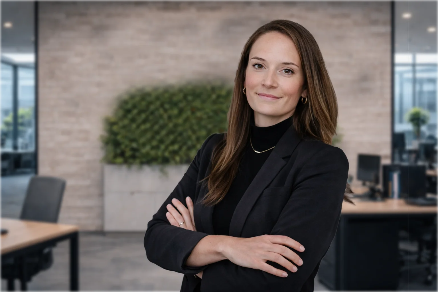 Mitarbeiterin von Trimes Gebäudemanagement vor Unternehmenslogo im Büro.